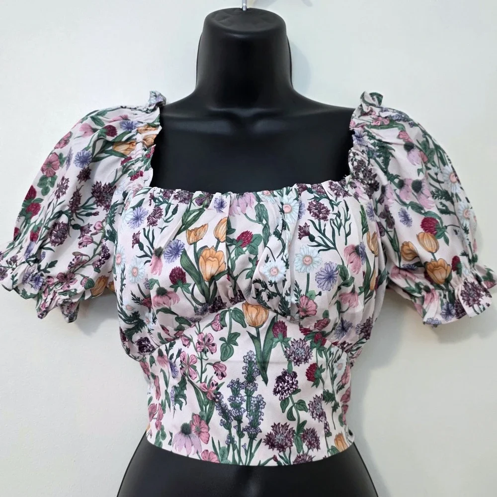 Cider Floral Puff Sleeve Milkmaid Crop Top Sz S Tie Back Bow Cottage Coquette - Picture 1 of 8